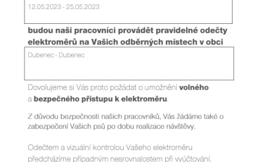 Oznámení o termínech provední odečtů ČEZ Distribuce